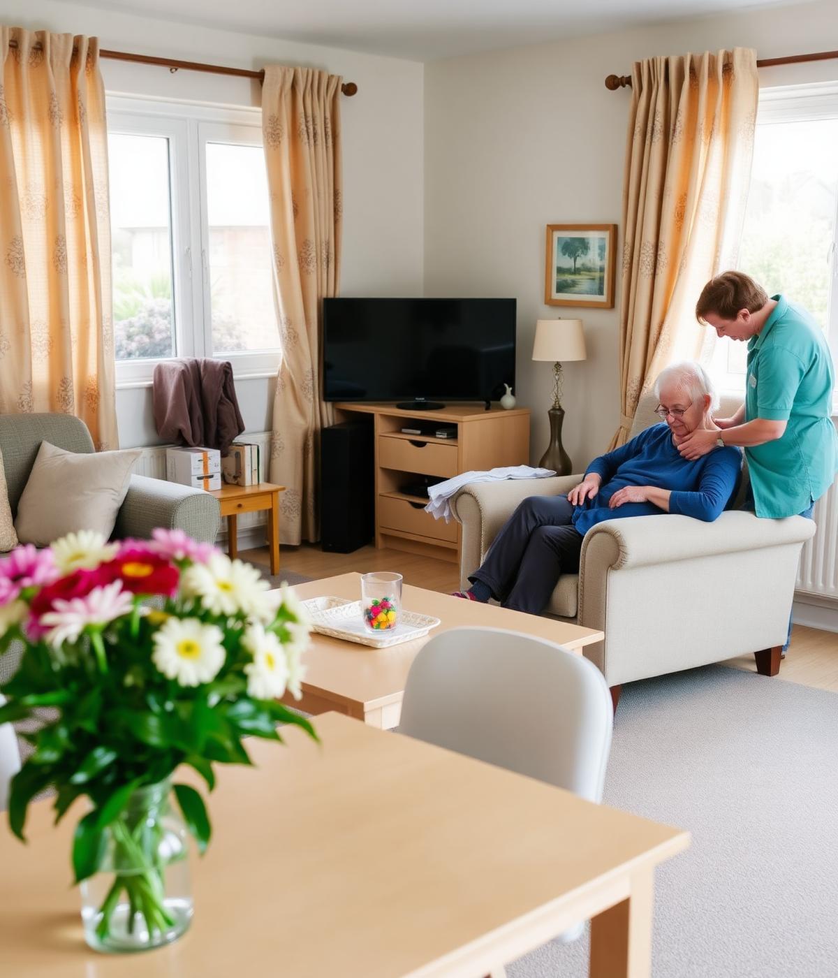 Nette woonkamer, zorgverlener en oudere persoon samen, warm en huiselijk