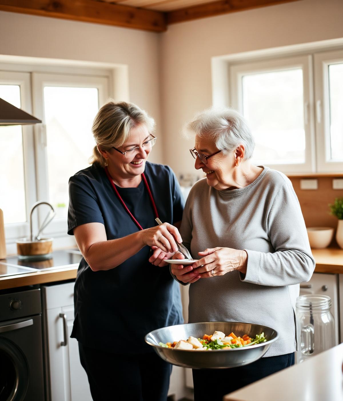 Zorgverlener en oudere persoon samen in keuken, warm en authentiek