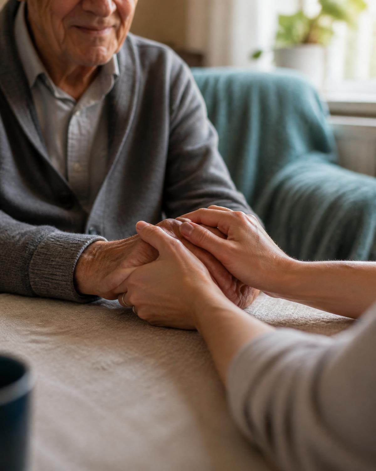 Zorgverlener en oudere persoon samen, warm en authentiek