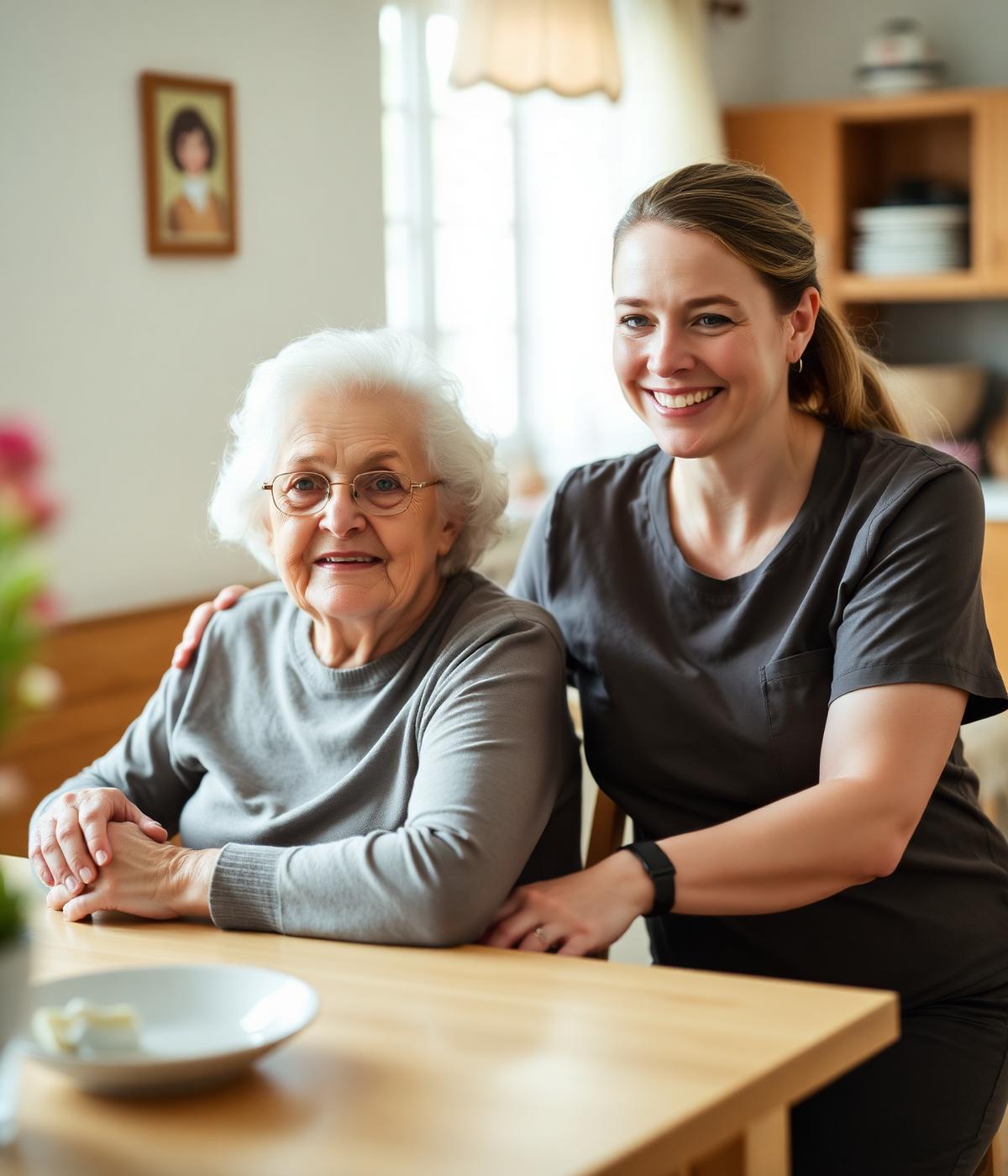 Zorgverlener en oudere vrouw lachen samen aan de keukentafel